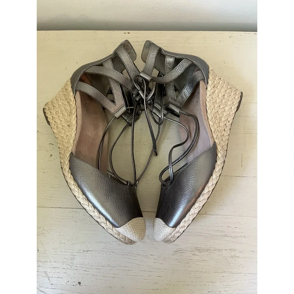 Vionic Women's Calypso Espadrille Wedge Sandals Metallic Pewter Size 9.5